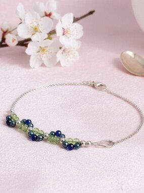 Blue and Green Sapphire Beaded Bracelet in Silver, Handmade September Birthstone